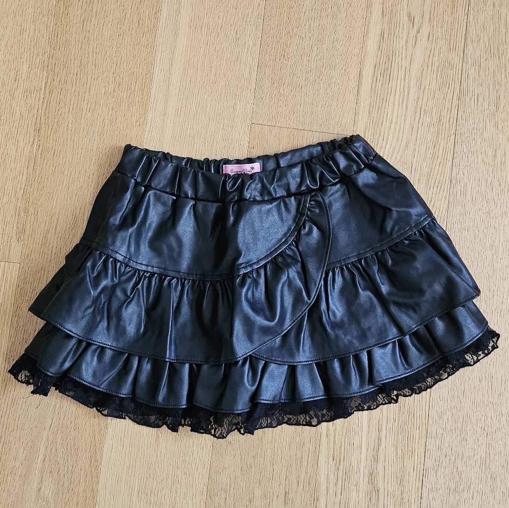 Ma*rs Agejo Gyaru Faux Leather Stretchy Tiered Mini Skirt Lace Trim